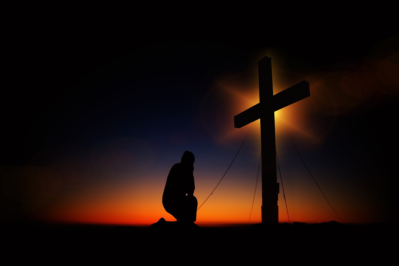 cross, sunset, humility, devotion, silhouette, human, kneeling, knee, pray, worships, prayer, faith, religion, church, symbol, clouds, heaven, christian, crucifixion, quiet, immersion, jesus christ, meditation, jesus, christ, nature, christianity, black, figure